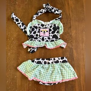 Charming Cow Print and Green Checkered Kids Bikini